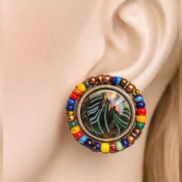 Robert Rose Beaded Clip Earrings Art Glass Cabochon Statement Vintage - Picture 4 of 10